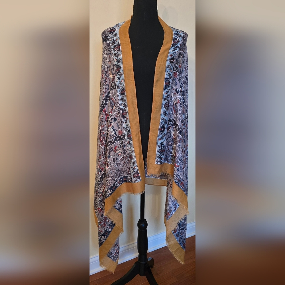 Lulla collection by bindya scarf‎ wrap orange fringe blue 100% viscose